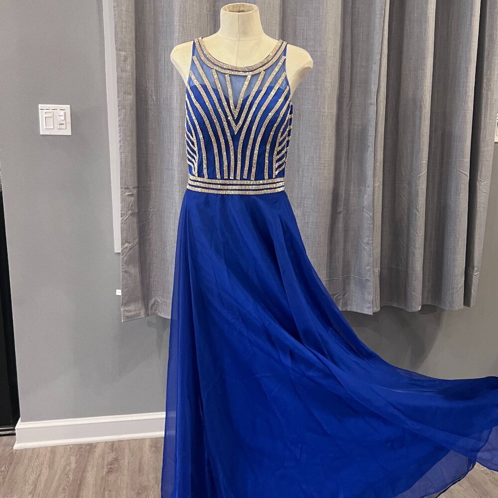 Dillards Royal Blue and Gold Prom Dress